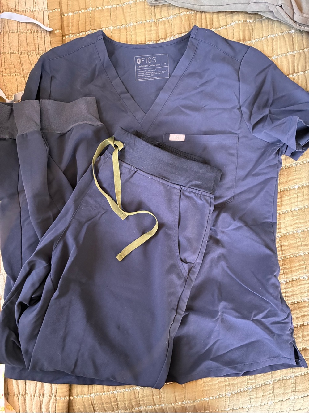Figs Women's Navy Blue Track Pants & Scrub Top Set with Olive Drawstring